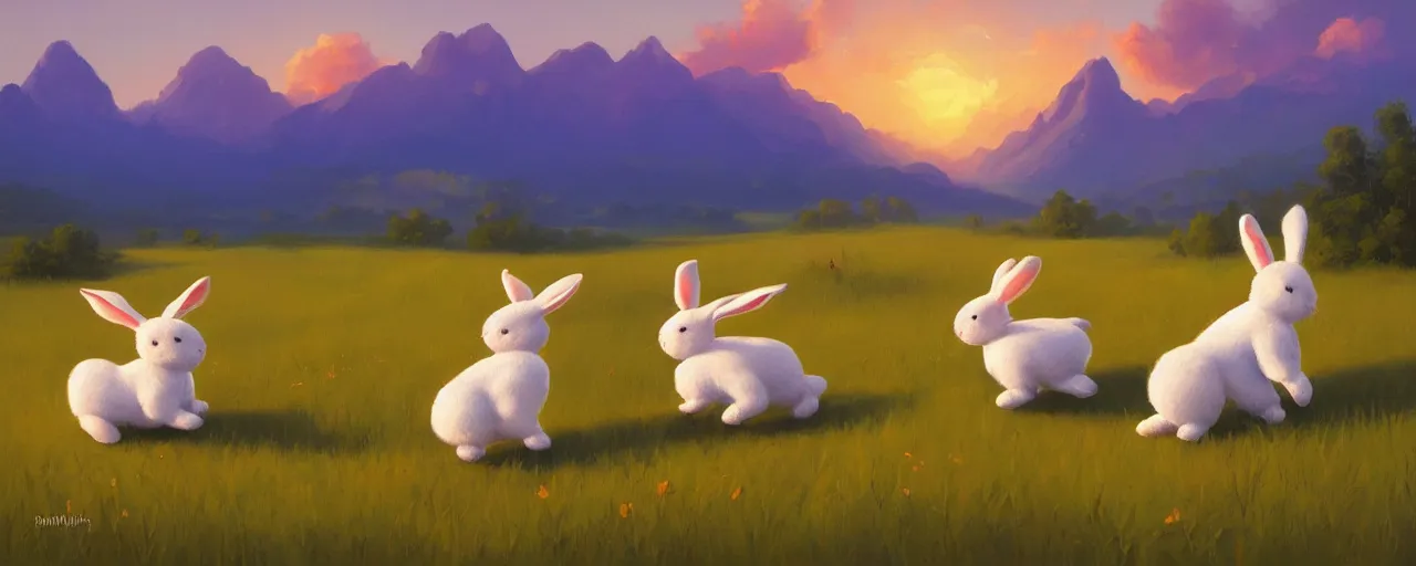 Image similar to cotton bunnies hopping around in a beautiful nature landscape with clouds, mountains, in background, sunset, by rhads