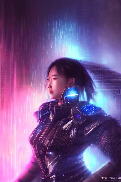 Image similar to portrait futuristic wuxia armor heroine Girl with thunder and fire sparkles and starlight, fighting in future cyberpunk tokyo heavy rainning rooftop , ssci-fi, fantasy, intricate, very very beautiful, elegant, human structure, neon light, highly detailed, digital painting, artstation, concept art, smooth, sharp focus, illustration, art by tian zi and WLOP and alphonse mucha