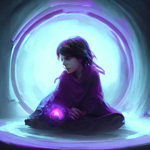 Prompt: young creepy girl sitting inside circle of dark !!!purple fire!!!, painted by raymond swanland, little nightmares, detailed,