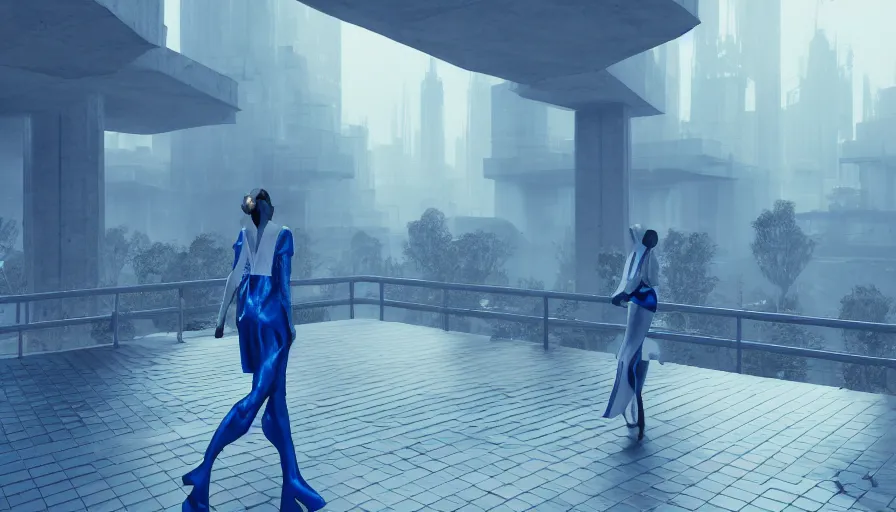 Image similar to Fashion Catwalk!! on a brutalist platform in an Angelic Floating City in the Clouds, Hyperrealistic, Intricate Details, Raytracing, Volumetric Lighting, Lightshafts, Blue and White Color Palette, Unreal Engine 5, Photorealism, Concept Art