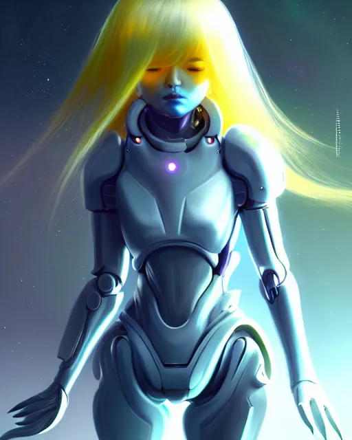 Image similar to perfect android girl family, full body character design, warframe armor, beautiful face, scifi, futuristic, galaxy, nebula, bae suzy, dreamy, long white hair!!!, yellow cyborg eyes, sharp focus, cinematic lighting, highly detailed, artstation, divine, by huifeng huang, smooth gradient.