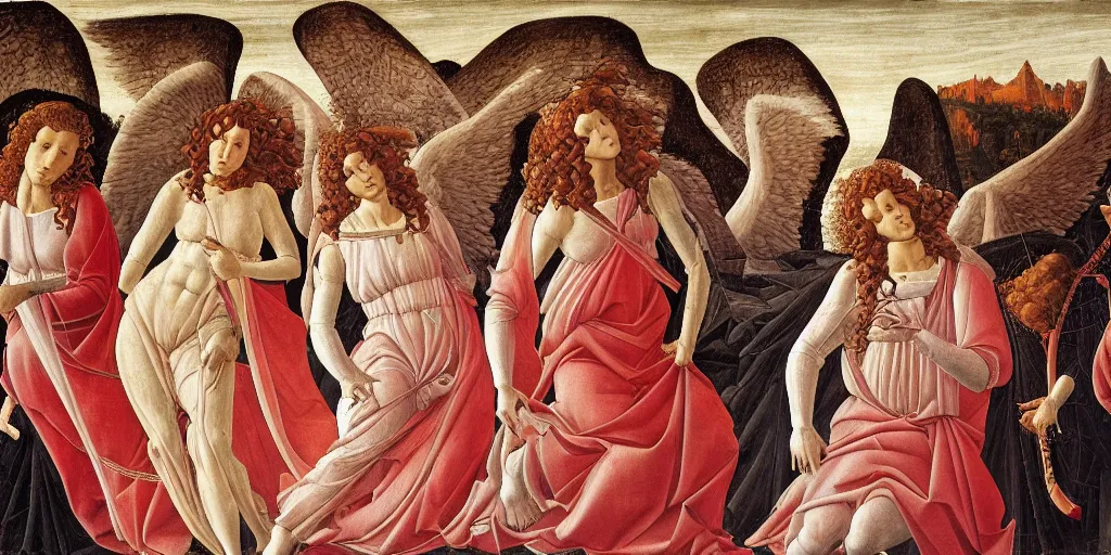 Prompt: Angels holding red spiral Spears descend from the heaven to cast judgment on the humans who try to run below their feet, oil painting by sandro botticelli, highly detailed, renaissance art, 8k