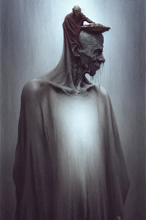 Image similar to potrait of a guy that has crooked teeth, a weird accent, and drinks hot water, by zdzislaw beksinski, by dariusz zawadzki, by wayne barlowe, gothic, surrealism, cosmic horror, lovecraftian, cold hue's, warm tone gradient background, concept art, beautiful composition