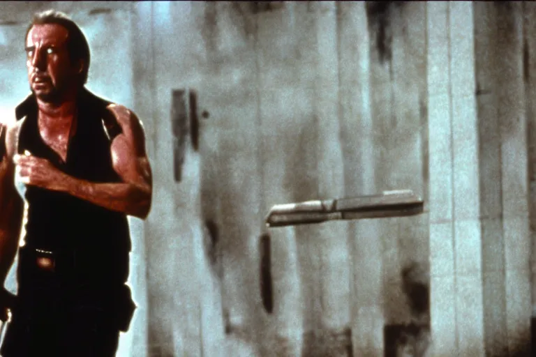 Image similar to film still of Alan Rickman as John McClane in Die Hard 1988