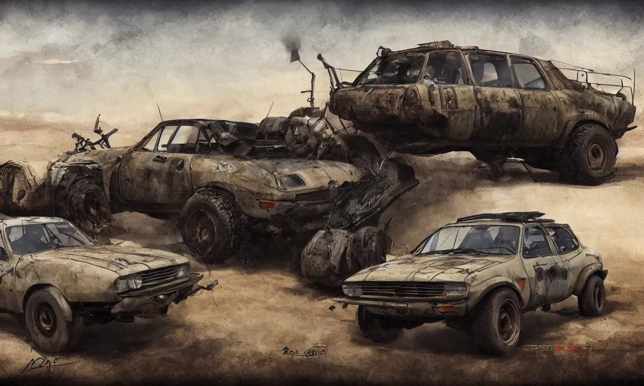 Image similar to a Dacia 1310 in Mad Max, artstation, concept art