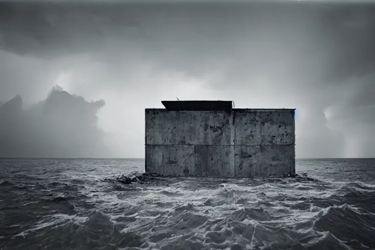 Prompt: high key lighting, danila tkachenko, photograph of an abandonet soviet building bloc in the middle of the ocean, lighting storm,