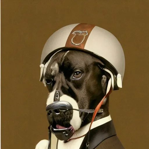 Image similar to illustration of boxer dog with military helmet and cigar in mouth, ww 2