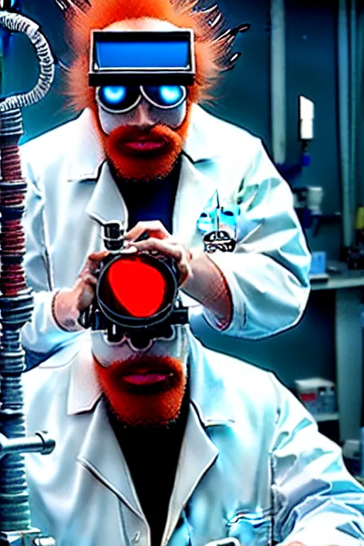 Image similar to an awkwardly tall scientist with 3 eyes and a tangled beard and unruly red hair atop his balding head wearing a labcoat and welding goggles and holding a beaker, high resolution film still, movie by Ivan Reitman