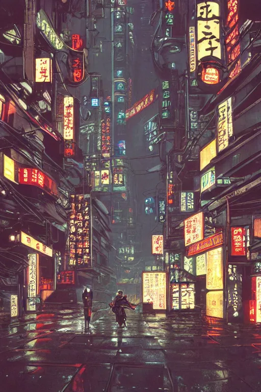 Image similar to cinematic 3 5 mm photo of ancient overgrown cyberpunk tokyo with robot by syd mead, night, rain, flowers, beautifully lit, hyperdetailed, unreal engine, photorealistic