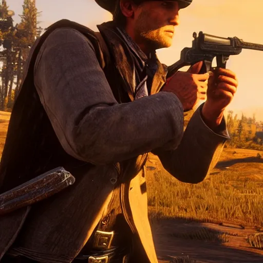 Prompt: a gunslinger with a long scar across the left side of his face, from red dead redemption 2, dramatic light, highly detailed