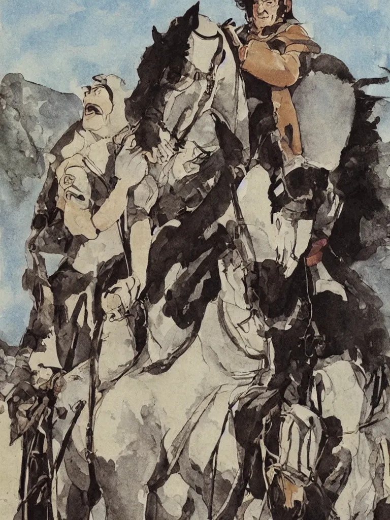 Prompt: portrait of Vittorio Gassman as Brancaleone da Norcia in the movie L'armata Brancaleone, in a fantasy world with his horse, studio ghibli