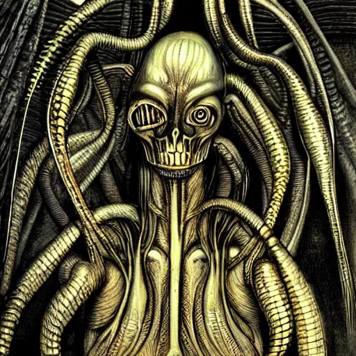 Image similar to gullum, style of h. r. giger, highly detailed, sharp, dark