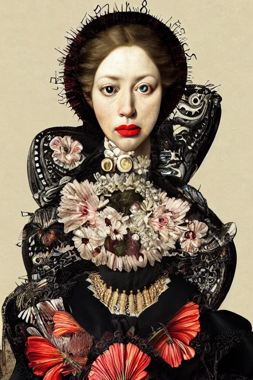 Image similar to Detailed maximalist portrait with large lips and with large eyes. HD mixed media, 3D collage, highly detailed and intricate illustration in the style of Caravaggio, baroque dark art