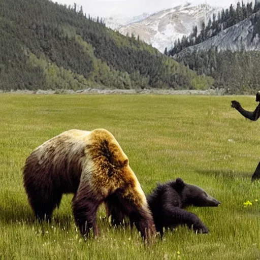 Prompt: realistic photo of a human sized black spider fighting a grizzly bear in a meadow