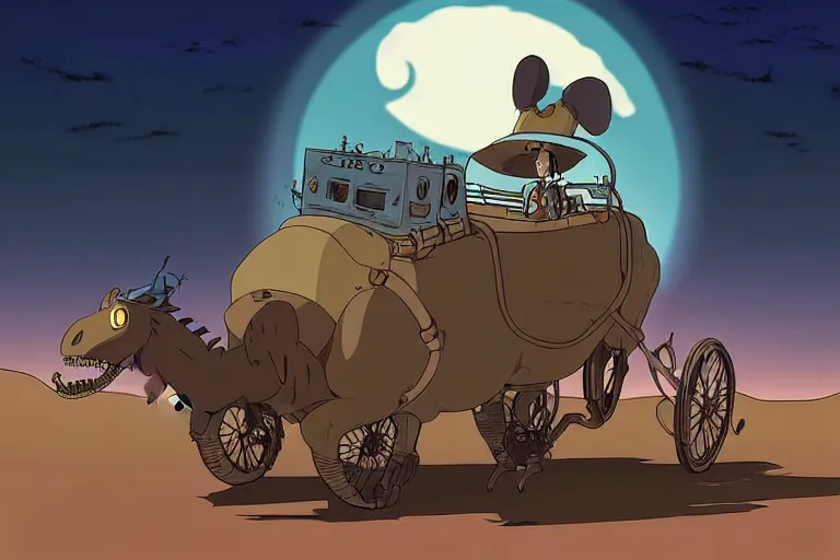 Image similar to a cell shaded cartoon of a lovecraftian mechanized burro from howl's moving castle ( 2 0 0 4 ), on a desert road, in front of a full moon, full body, wide shot, very muted colors, post grunge, studio ghibli, laurie greasley, highly detailed, deviantart, art by artgem