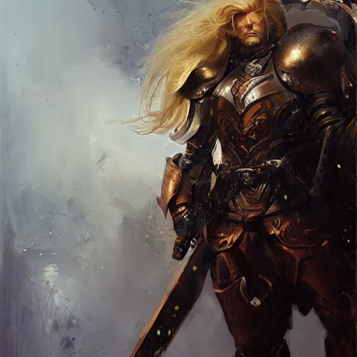 Prompt: portrait of a big, long haired blonde man with a mechanical left arm, wearing a brown leather armor, DnD, fantasy, digital art by Ruan Jia