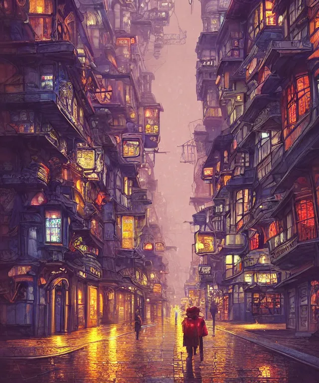 Image similar to insane perspective of colorful street vue from steampunk tokyo prague, intricate details, realistic shaded , humid ground, highly detailed, artstation, painting by François Schuiten and moebius, disney fantasy style, people and creatures walking, volumetric light, neon lights, rainy mood