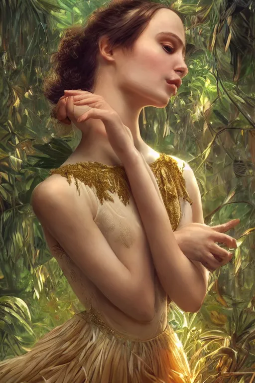 Image similar to stunningly beautiful, turkish prima ballerina in jungle, symmetrical face, golden hour, smooth, focus, highly detailed, hyper realistic, dramatic lighting, elegant, intricate, concept art, art by wlop, mars ravelo, greg rutowski