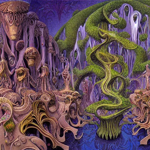 Prompt: waterfall panoramic lush art nouveau rich matte painting weird ornate by alex grey, antoni gaudi, m. c. escher, tomasz alen kopera, arthur adams, moebius, andreas rocha, lisa frank