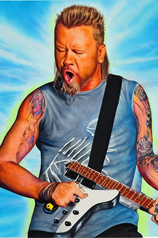 Image similar to hyperrealism, fluorescent james hetfield from metallica singing and playing an electric guitar and floating in indigo space with light blue brutalist architecture in the horizon, realistic face, photorealistic, vivid colours, cinematic, 4 k, high resolution