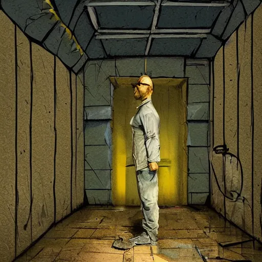 Image similar to shakespeare standing in a damp prison cell, dimly lit, painting, simon stalenhag, blue and yellow color scheme, moody concept art artstation hyperdetailed