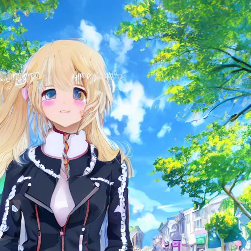 Image similar to blonde - haired princess, anime princess, wearing black jacket and white leggings, looking through crowd, town street, festival street, trees, green trees, blue lighting, blue sunshine, strong lighting, strong shadows, vivid hues, ultra - realistic, sharp details, subsurface scattering, intricate details, hd anime, 2 0 1 9 anime