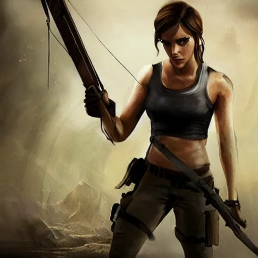 Image similar to Emma Watson as Lara Croft, concept art, highly-detailed, stunning