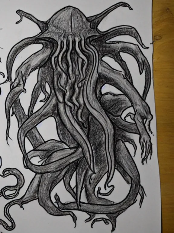 Image similar to 6 year old children's drawing of his first encounter with cthulhu