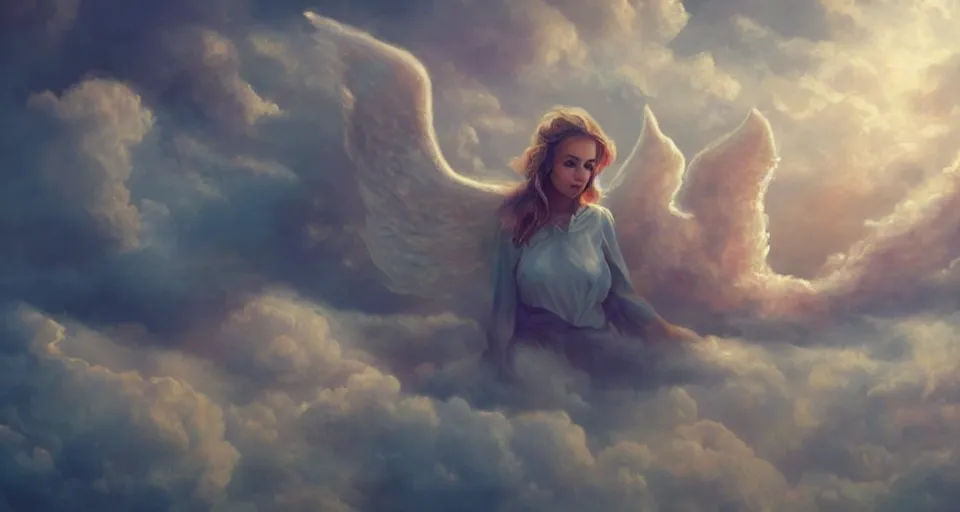 Image similar to heaven and angels!! floating!! on clouds, trending on artstation, 8 k