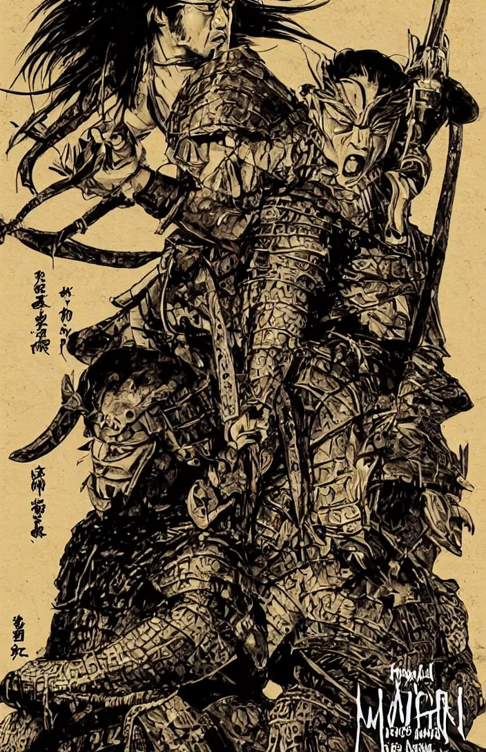 Image similar to movie film poster art for samurai vs predator film shot in feudal japan staring hiroyuki sanada as a disgraced ronin who hunts down the predator after he fails to protect his master from it. in the style of ansel adams, reynold brown, h. r. geiger.