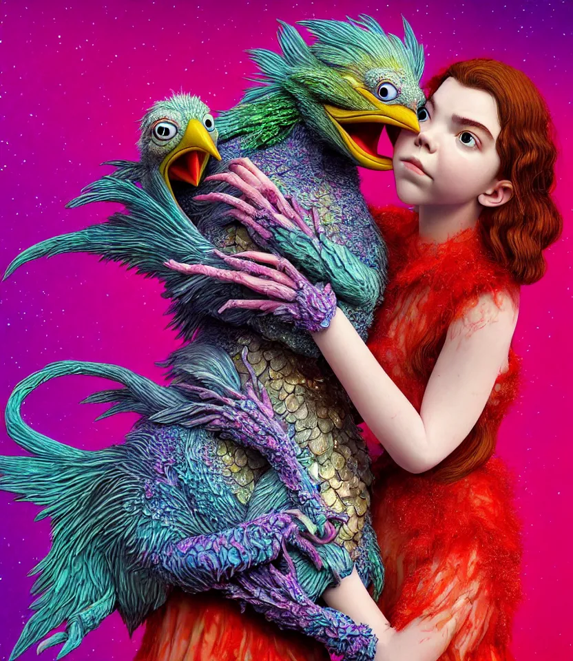 Image similar to hyper detailed 3d render like a Oil painting - kawaii portrait of lovers hugging or kissing pecking adorably Aurora (a beautiful girl skeksis muppet fae princess protective playful expressive acrobatic from dark crystal that looks like Anya Taylor-Joy) seen red carpet photoshoot in UVIVF posing in scaly dress to Eat of the Strangling network of yellowcake aerochrome and milky Fruit and His delicate Hands hold of gossamer polyp blossoms bring iridescent fungal flowers whose spores black the foolish stars by Jacek Yerka, Ilya Kuvshinov, Mariusz Lewandowski, Houdini algorithmic generative render, golen ratio, Abstract brush strokes, Masterpiece, Edward Hopper and James Gilleard, Zdzislaw Beksinski, Mark Ryden, Wolfgang Lettl, hints of Yayoi Kasuma and Dr. Seuss, Grant Wood, octane render, 8k