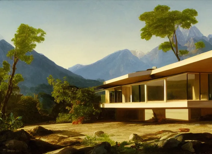 Prompt: painting of a richard neutra house in front of beautiful mountains by thomas cole