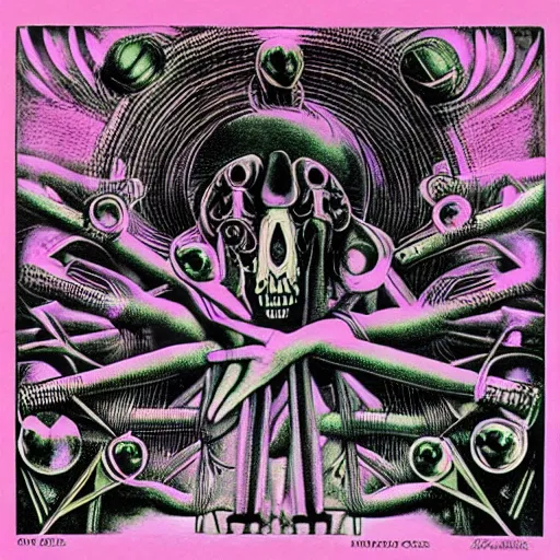 Image similar to post - punk new age album cover, magic, apocalypse, psychedelic, black white pink, magic, giger h. r.