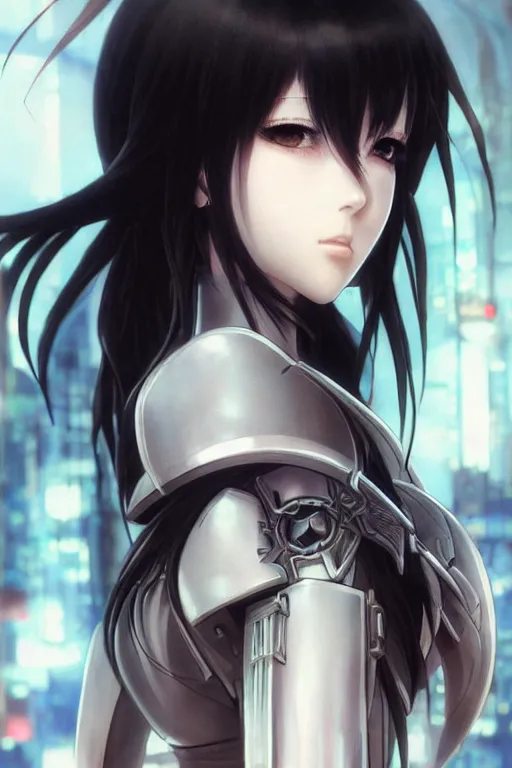 Image similar to portrait Anime girl in cyberpunk trinity blood armor, cute-fine-face, black-hair pretty face, realistic shaded Perfect face, fine details. Anime. realistic shaded lighting by Ilya Kuvshinov katsuhiro otomo ghost-in-the-shell, magali villeneuve, artgerm, rutkowski, WLOP Jeremy Lipkin and Giuseppe Dangelico Pino and Michael Garmash and Rob Rey and Yoshitaka Amano and Thores Shibamoto