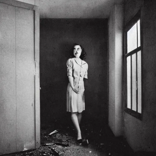 Image similar to Photograph of an abandoned 1940s bedroom with the woman from Kojima’s PT, dark, no lights, moist, taken using a film camera with 35mm expired film, bright camera flash enabled, award winning photograph, creepy, liminal space