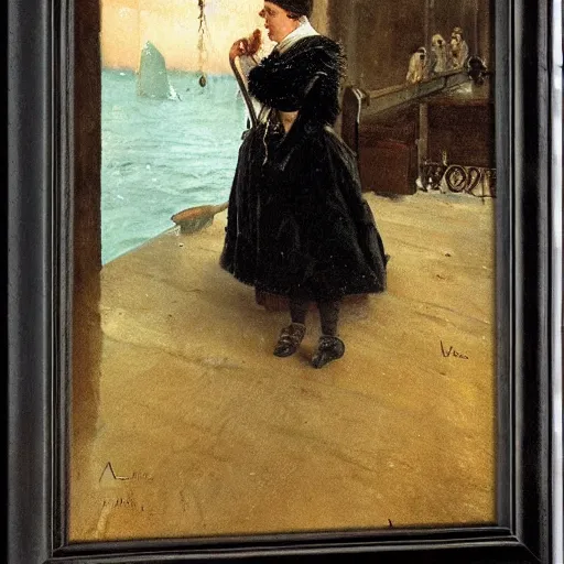 Image similar to victorian lady adventurer seeing the polar lights, by alfred stevens