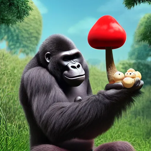 Image similar to a wholesome animation key shot of a gorilla holding a very small red mushroom, chilled out smirk on face, studio ghibli, pixar and disney animation, sharp, rendered in unreal engine 5, anime key art by greg rutkowski, bloom, dramatic lighting, made by banksy