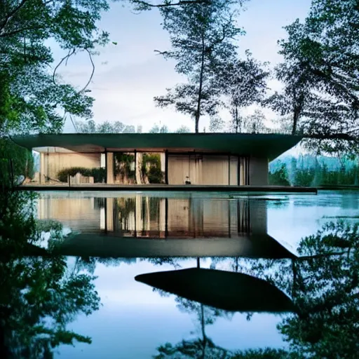 Image similar to cozy futuristic organic white concrete house in the middle of a lush amazonic forest at night, a beautiful lake next to it, starry sky