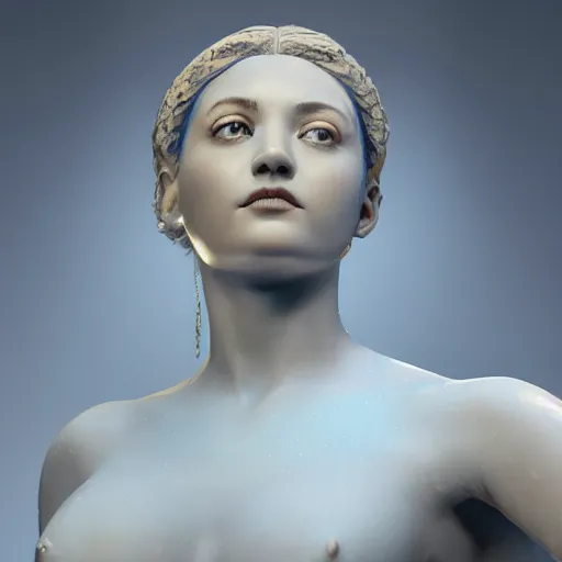 Image similar to a blue marble statue masterpiece of a gorgeous woman made from blue marble with white and gold, macro detailed oily skin. highly detailed, sharpness. victorian dress. hyper realistic., close up, face only, portrait, bright lights, bright render, octane render, corona render