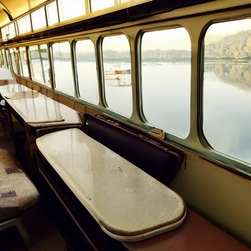 Prompt: Inside the train, some people are sitting, the train is sailing on the water, the windows are fluttering with transparent gauze curtains, the sun shines in, fog on the water, indoor scene