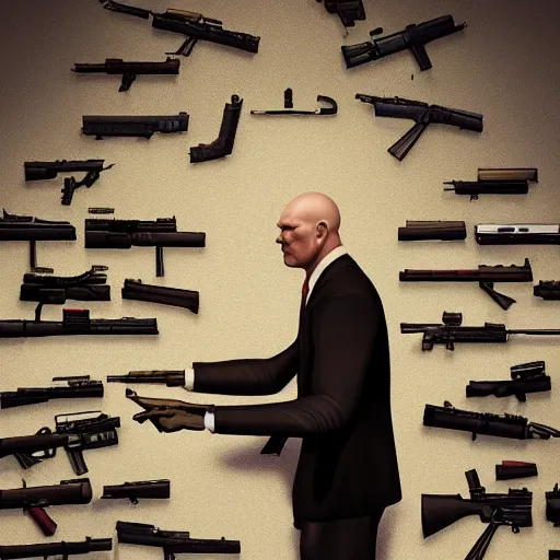 Image similar to a portrait of agent 4 7 from hitman sitting in front of a wall of guns, realistic illustration, dark background, red rim light, highly detailed, digital art, artstation, concept art, smooth, sharp focus, greg rutkowski, wlop