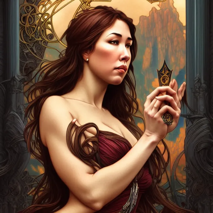 Image similar to jodi arias, goddess of vengeance, tarot card, highly detailed, digital painting, smooth, sharp focus, illustration, ultra realistic, 8 k, art by artgerm and alphonse mucha