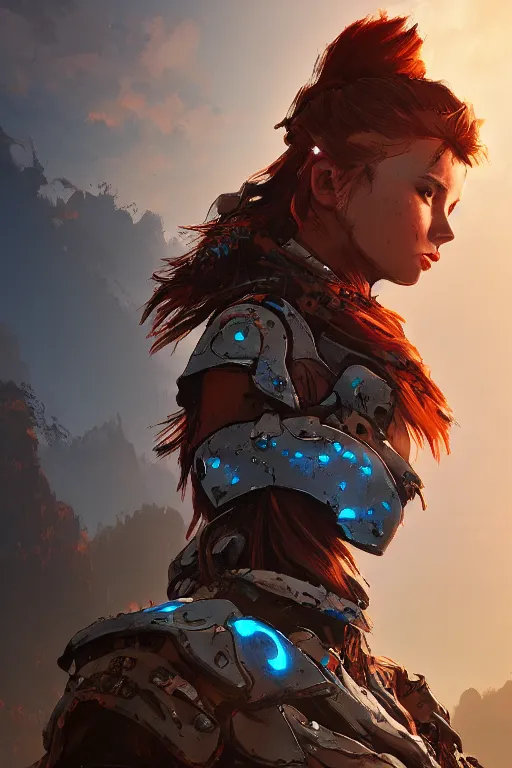 Image similar to combination suit armor aloy horizon forbidden west horizon zero dawn radiating a glowing aura global illumination ray tracing hdr fanart arstation by ian pesty and alena aenami artworks in 4 k tribal robot ninja mask helmet backpack