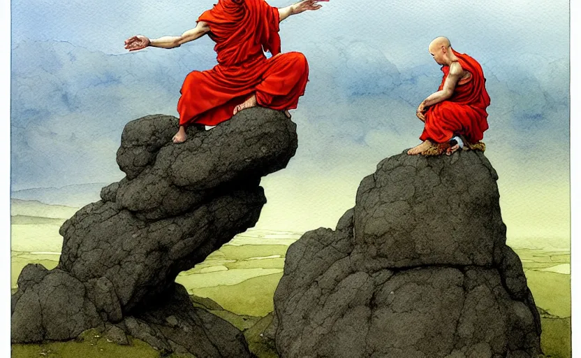 Image similar to a hyperrealist watercolour concept art of a monk levitating a huge rock over his head. it is a misty night on the moors of ireland. by rebecca guay, michael kaluta, charles vess and jean moebius giraud. high detail, hq