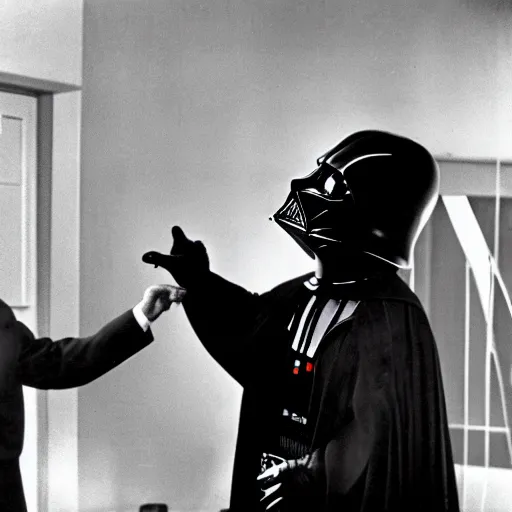 Image similar to color photo of robert oppenheimer debating with darth vader