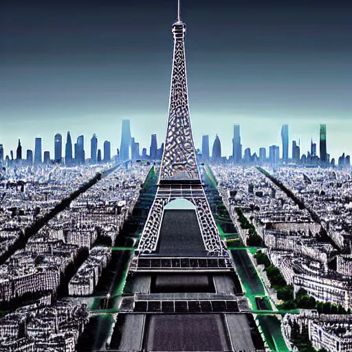 Image similar to A beautiful intricate 8K award-winning cinematic movie photograph of the future Eiffel Tower completely covered in billboards in the year 2043, by Bruno Delbonnel