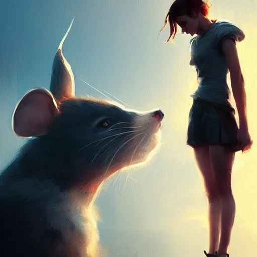 Image similar to emma watson standing in front of a giant mouse, digital art by greg rutkowski, artstation