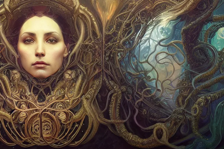 Prompt: a lovecraftian painting of cthulhu face of cosmic horror, cosmic horror elements, ultra realistic, concept art, intricate details, eerie, highly detailed, photorealistic, octane render, 8 k, unreal engine. art by artgerm and greg rutkowski and alphonse mucha