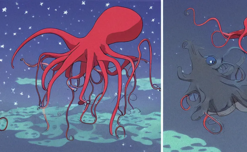 Image similar to a realistic cell - shaded studio ghibli concept art from paprika ( 2 0 0 6 ) of a flying multi - colored octopus from close encounters of the third kind ( 1 9 7 7 ) and a dimensional portal to another world above a flooded puma punku on a misty starry night. very dull colors, wide shot, hd, 4 k, hq