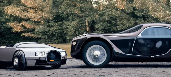 Image similar to a single bugatti type 5 7 sc atlantic and delorean hybrid, dslr, volumetric lighting